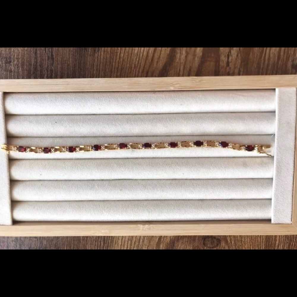 Gold over sterling 925 genuine diamond and garnet tennis bracelet. Like new. - Picture 3 of 13